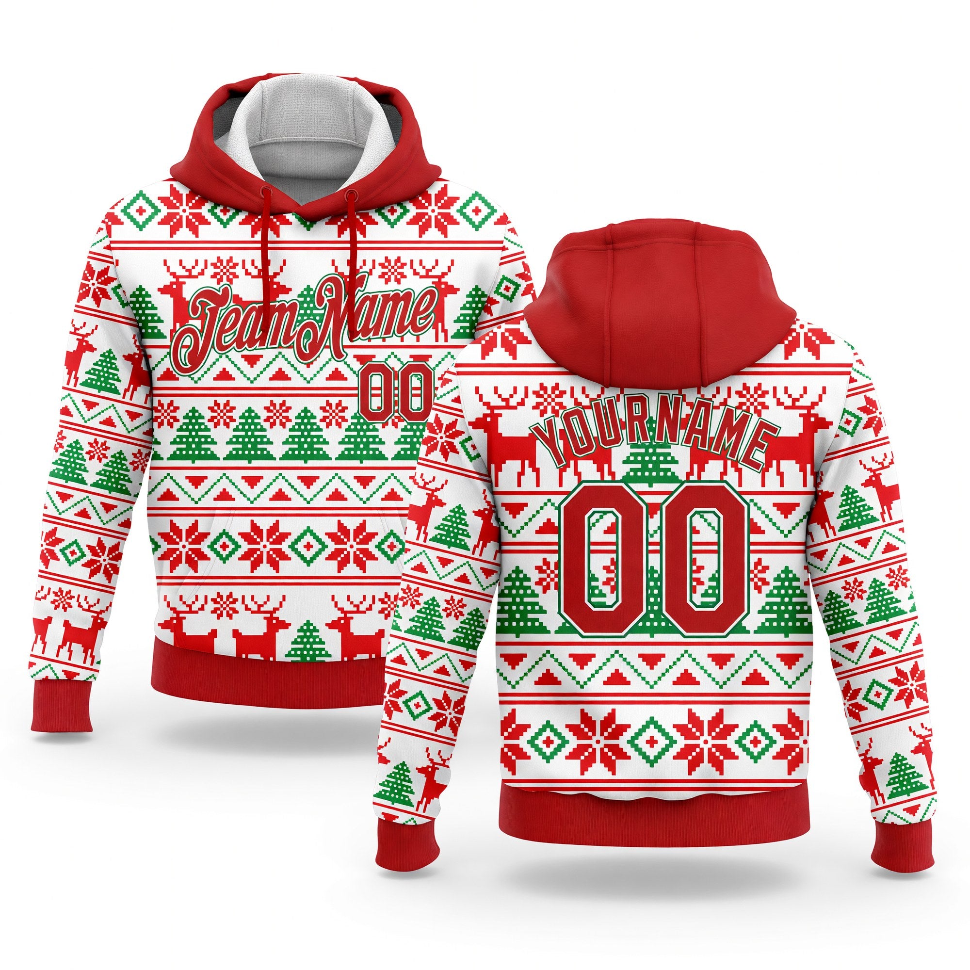 Custom Stitched White Red-Kelly Green Christmas 3D Sports Pullover Sweatshirt Hoodie