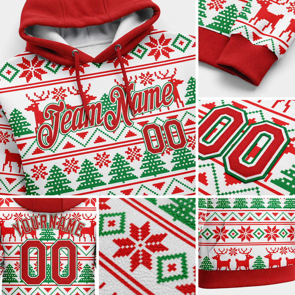 Custom Stitched White Red-Kelly Green Christmas 3D Sports Pullover Sweatshirt Hoodie detail