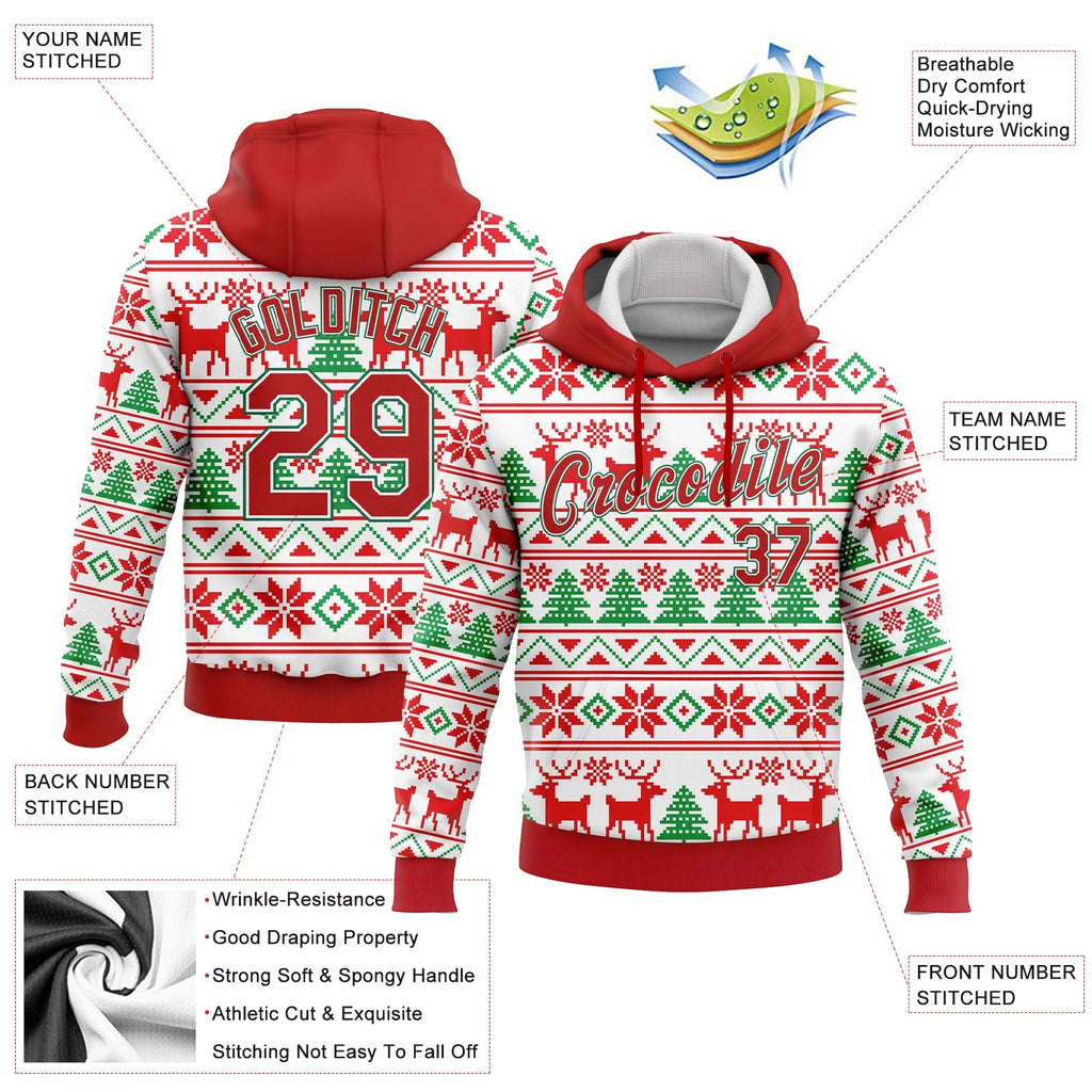 Custom Stitched White Red-Kelly Green Christmas 3D Sports Pullover Sweatshirt Hoodie photo 3