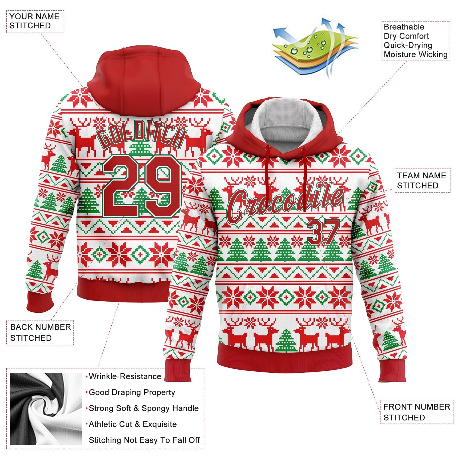 Custom Stitched White Red-Kelly Green Christmas 3D Sports Pullover Sweatshirt Hoodie photo 3