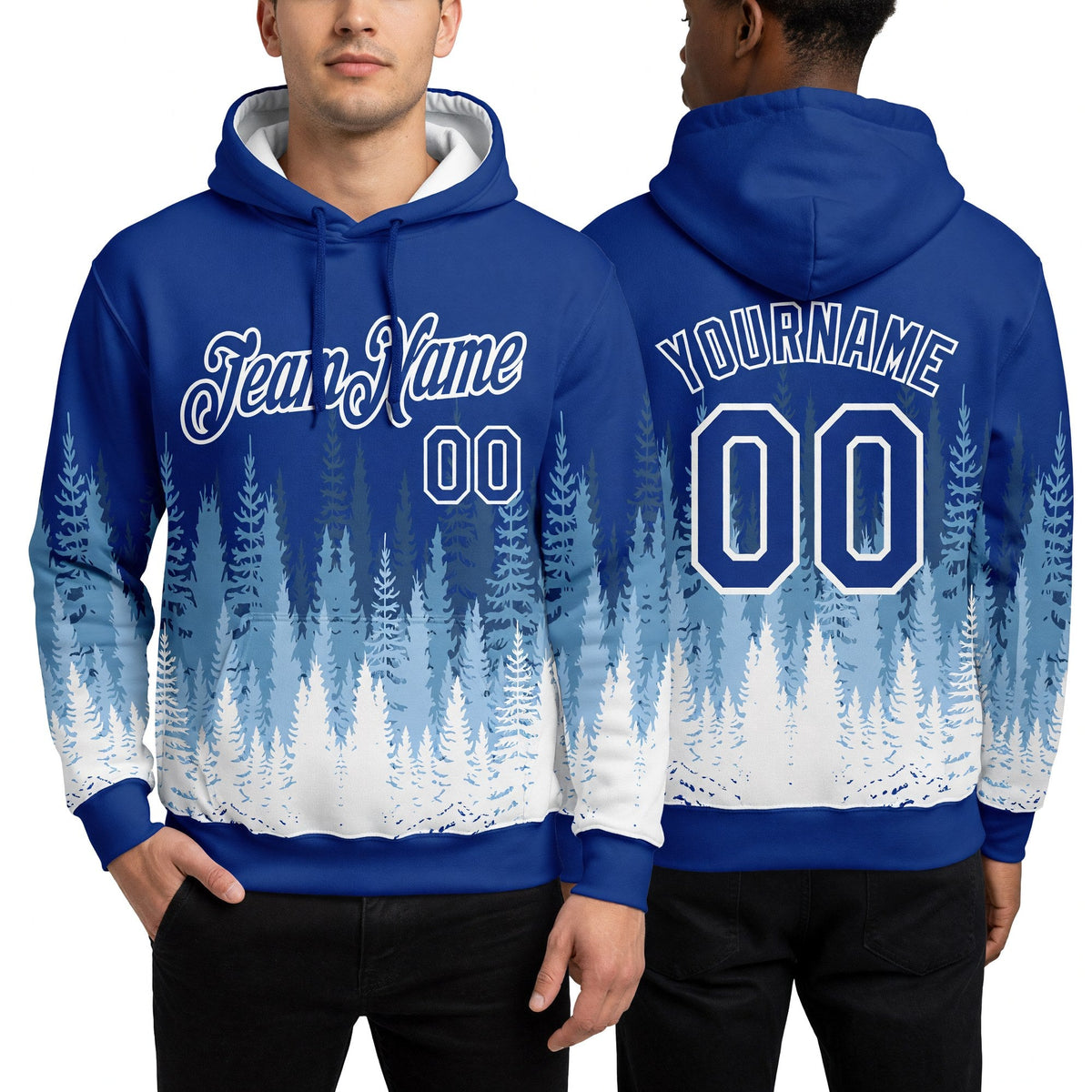 Custom Stitched Royal White Christmas Tree 3D Sports Pullover Sweatshirt Hoodie worn front and back