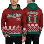 Custom Stitched Red Kelly Green-White Christmas Snowflakes 3D Sports Pullover Sweatshirt Hoodie worn front and back