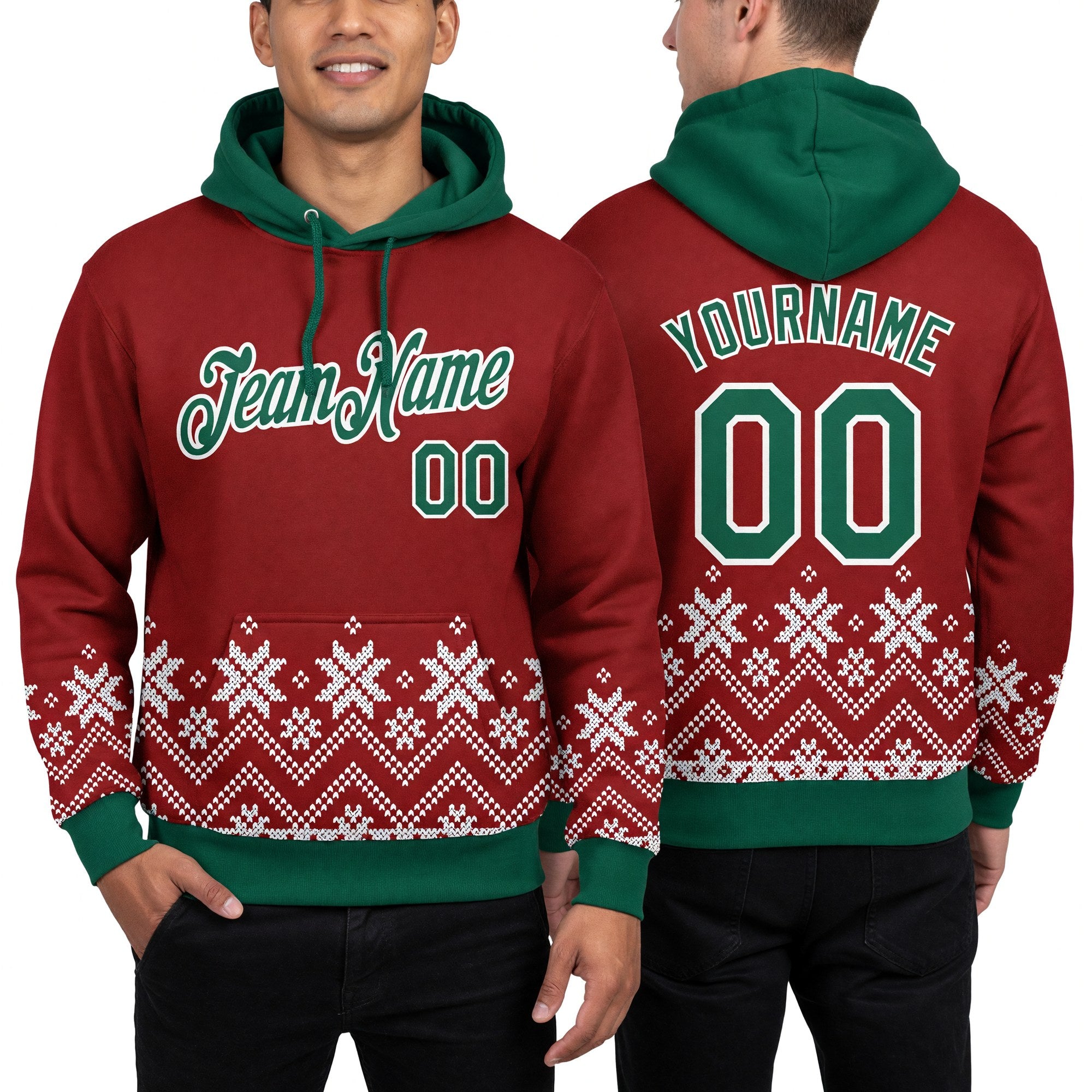 Custom Stitched Red Kelly Green-White Christmas Snowflakes 3D Sports Pullover Sweatshirt Hoodie worn front and back