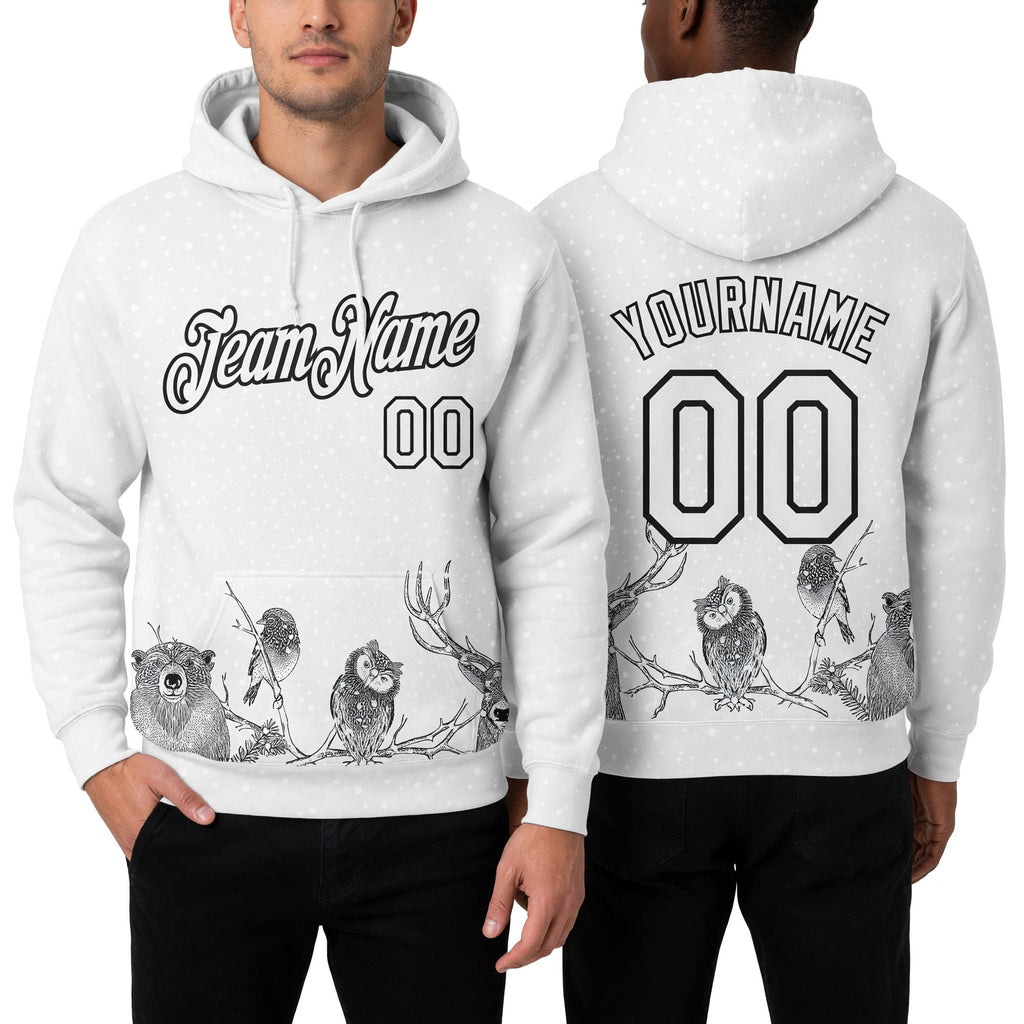 Custom Stitched White Black Merry Christmas Animals In Winter 3D Sports Pullover Sweatshirt Hoodie worn front and back