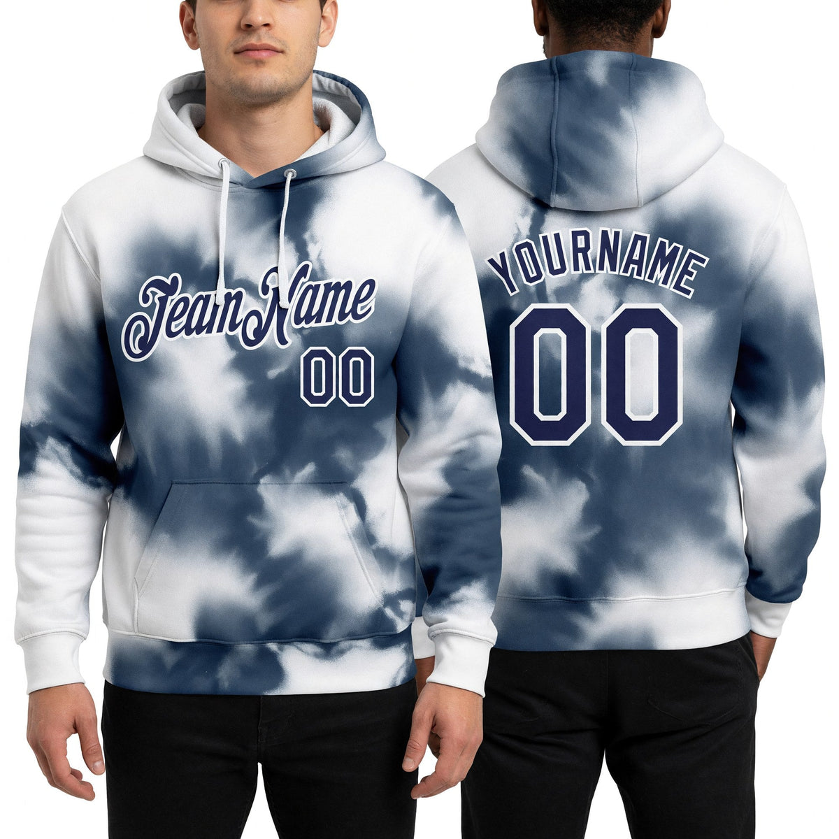 Custom Stitched Tie Dye Navy-White 3D Abstract Shibori Style Sports Pullover Sweatshirt Hoodie worn front and back