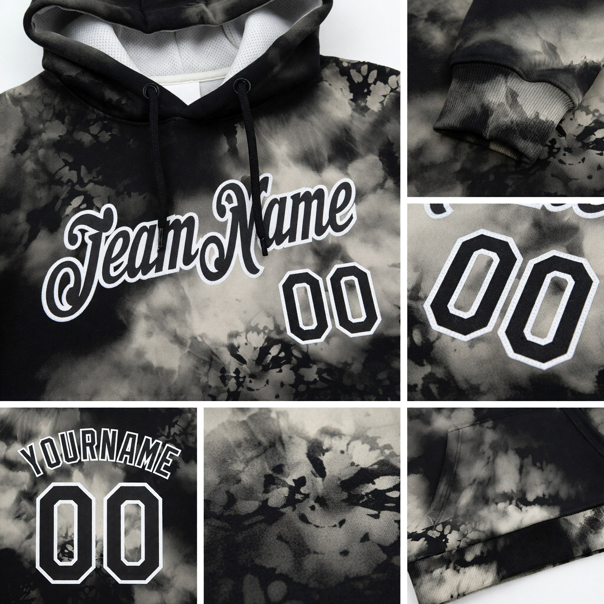 Custom Stitched Tie Dye Black-White 3D Abstract Style Sports Pullover Sweatshirt Hoodie detail