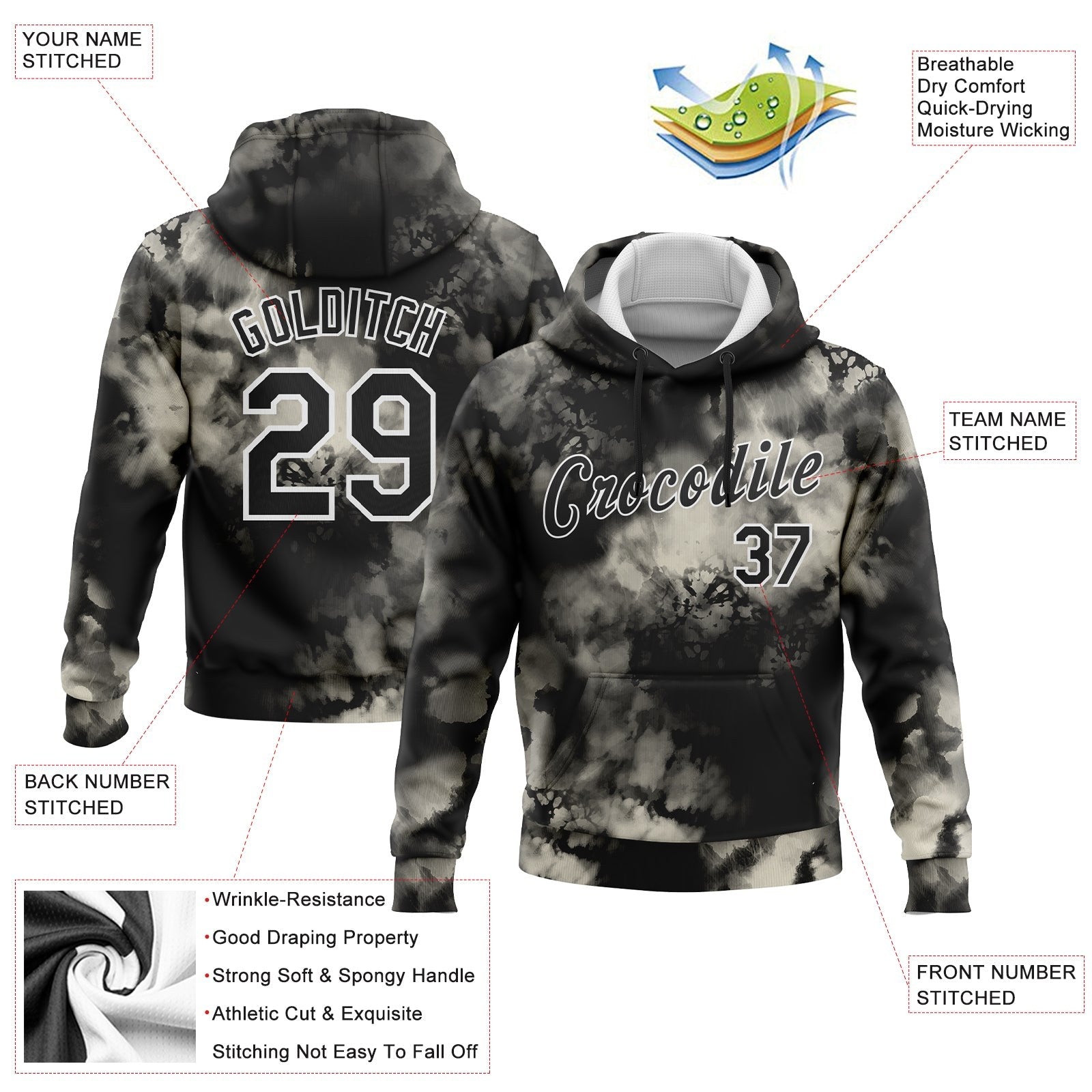 Custom Stitched Tie Dye Black-White 3D Abstract Style Sports Pullover Sweatshirt Hoodie photo 2