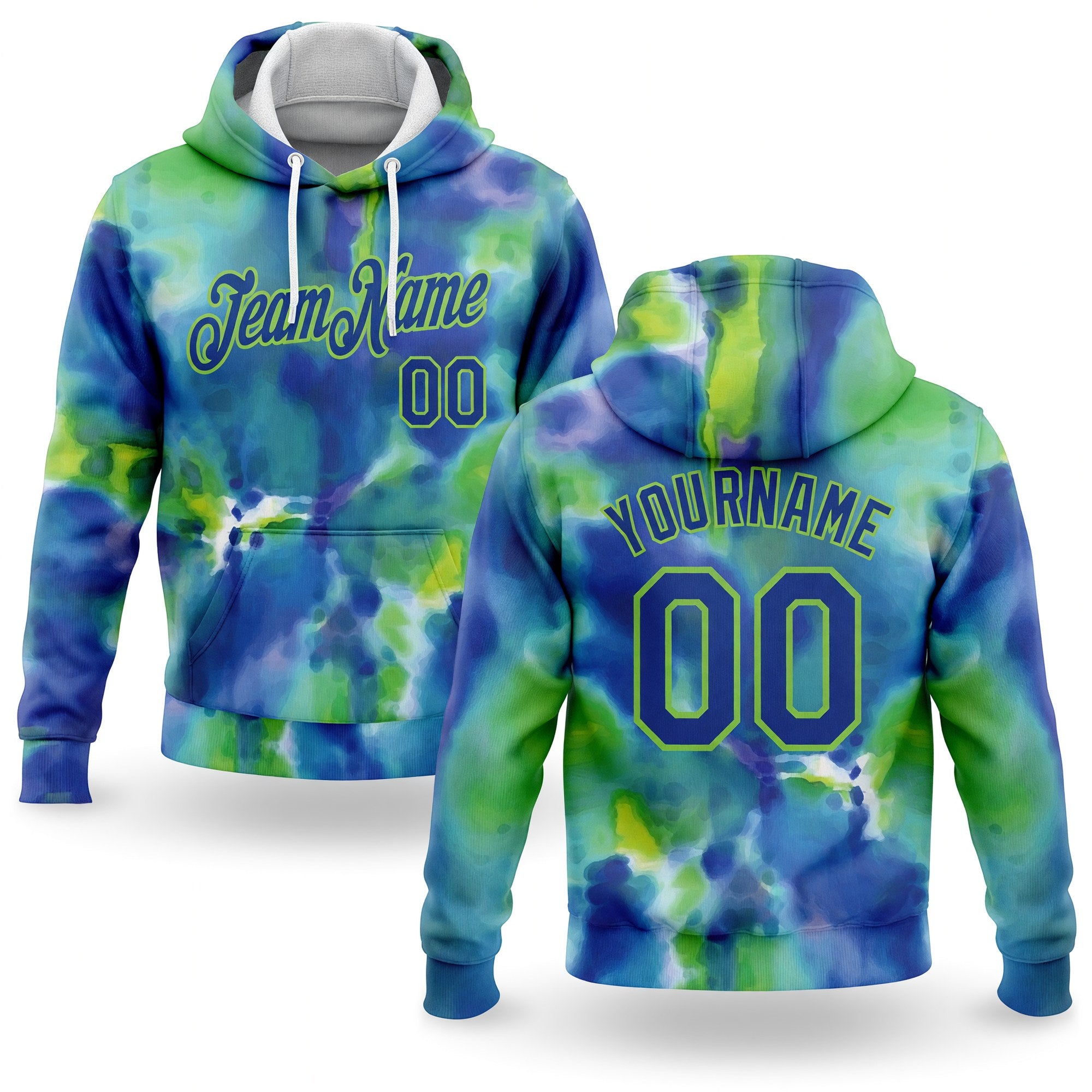 Custom Stitched Tie Dye Royal-Neon Green 3D Abstract Style Sports Pullover Sweatshirt Hoodie
