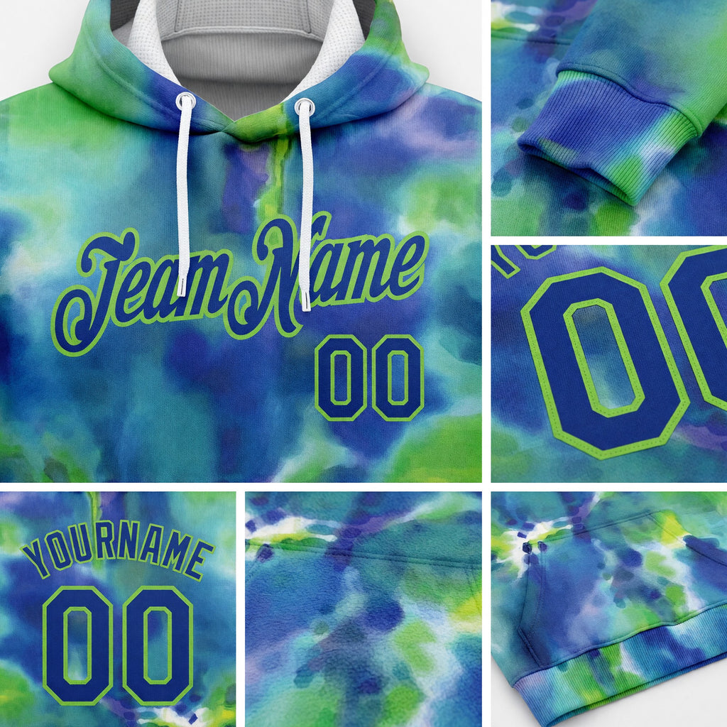 Custom Stitched Tie Dye Royal-Neon Green 3D Abstract Style Sports Pullover Sweatshirt Hoodie detail