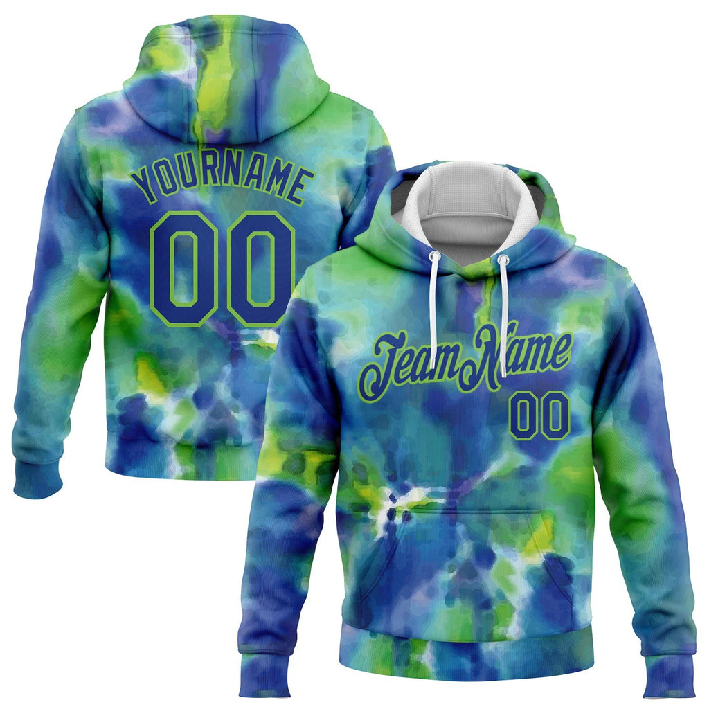 Custom Stitched Tie Dye Royal-Neon Green 3D Abstract Style Sports Pullover Sweatshirt Hoodie photo 1