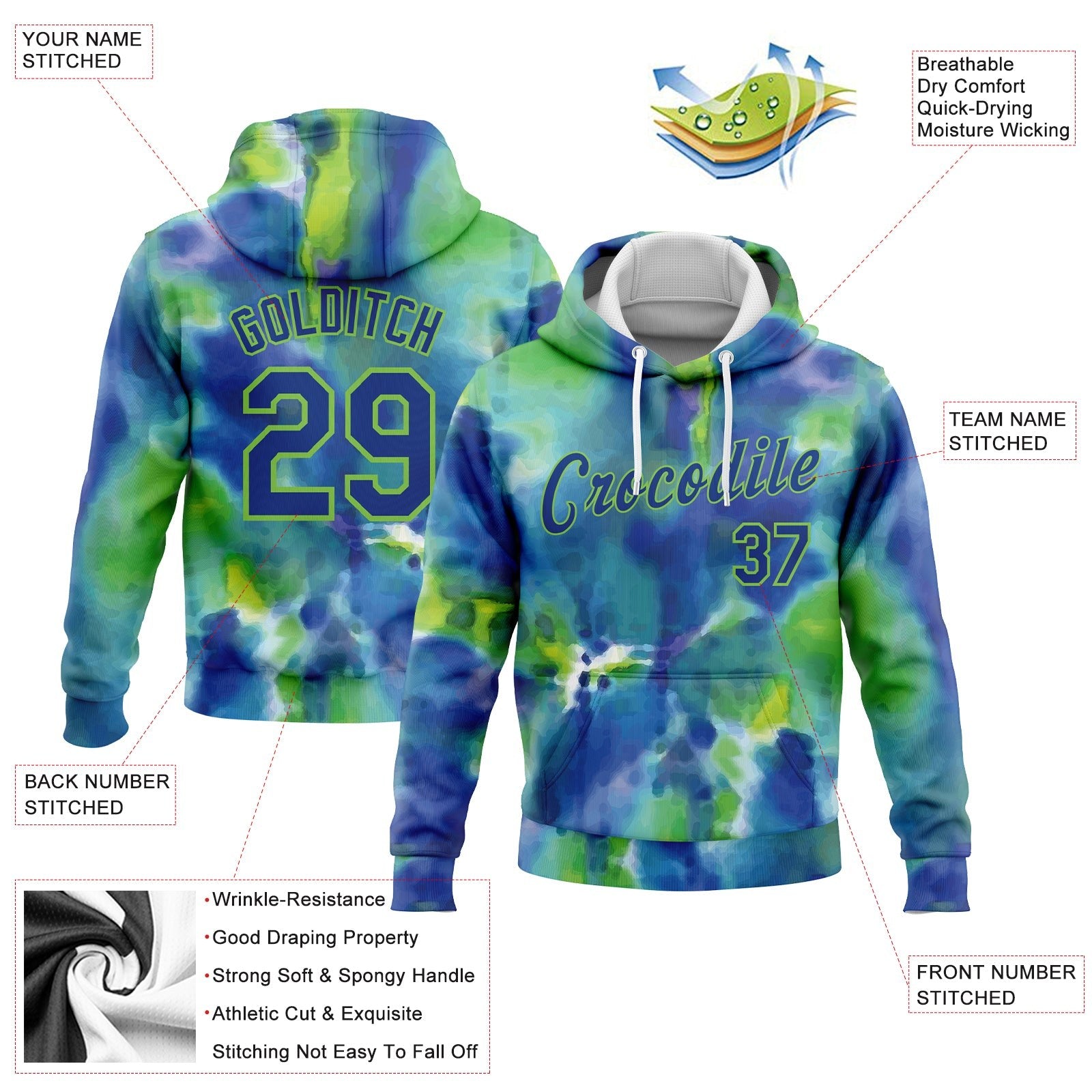 Custom Stitched Tie Dye Royal-Neon Green 3D Abstract Style Sports Pullover Sweatshirt Hoodie photo 2