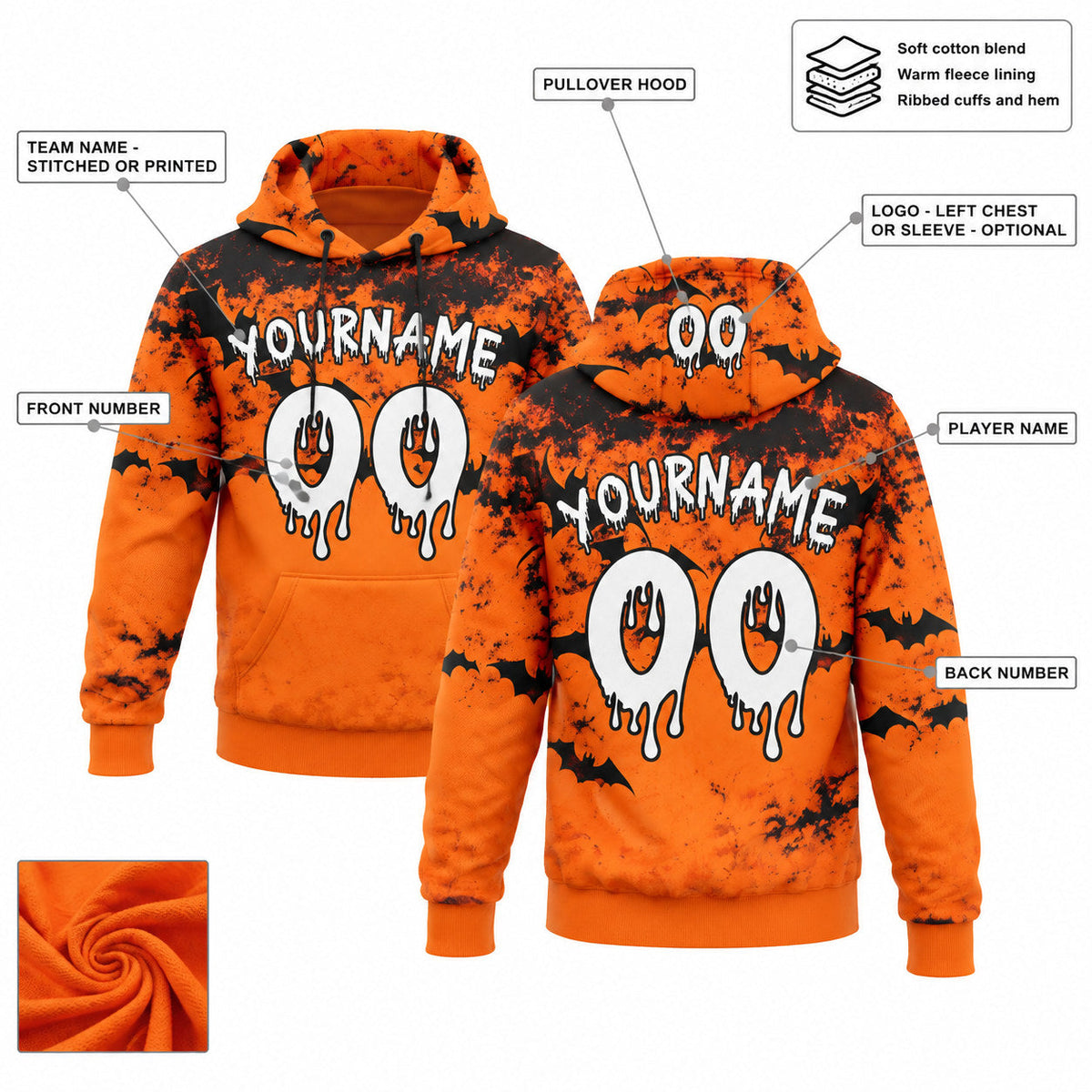 Custom Orange Halloween Bat Pullover Hoodie with White and Black Lettering customization guide