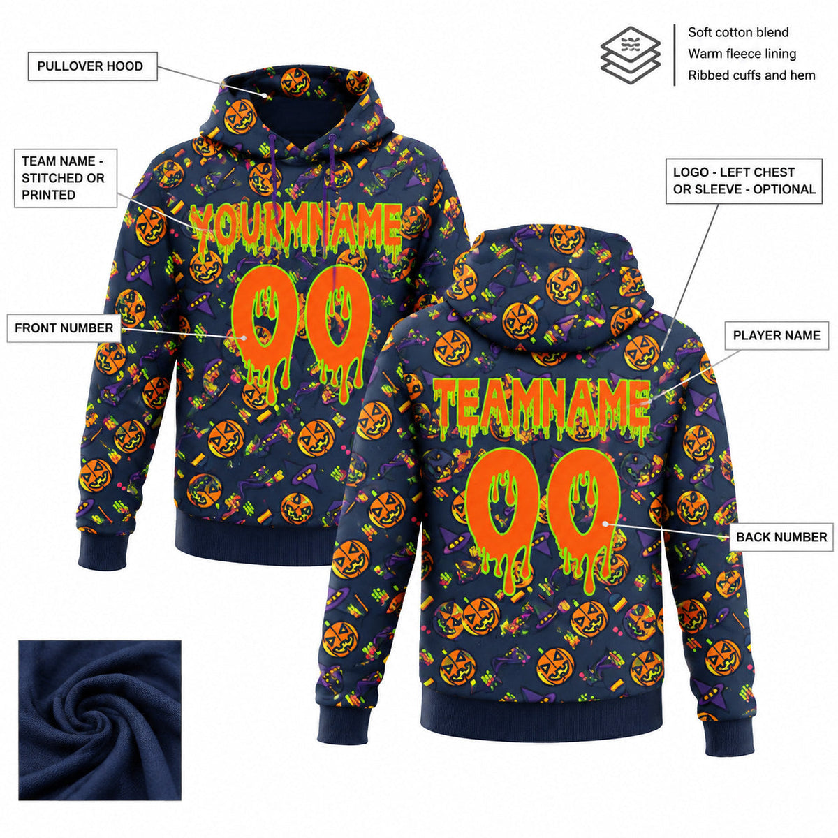 Custom Navy Halloween Pumpkin Head Pullover Hoodie with Orange and Neon Green Lettering customization guide