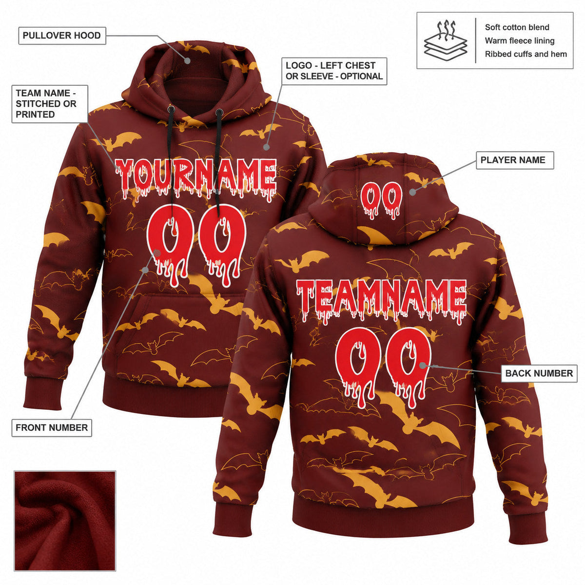 Custom Maroon Halloween Bat Pullover Hoodie with Fire Red and White Lettering customization guide