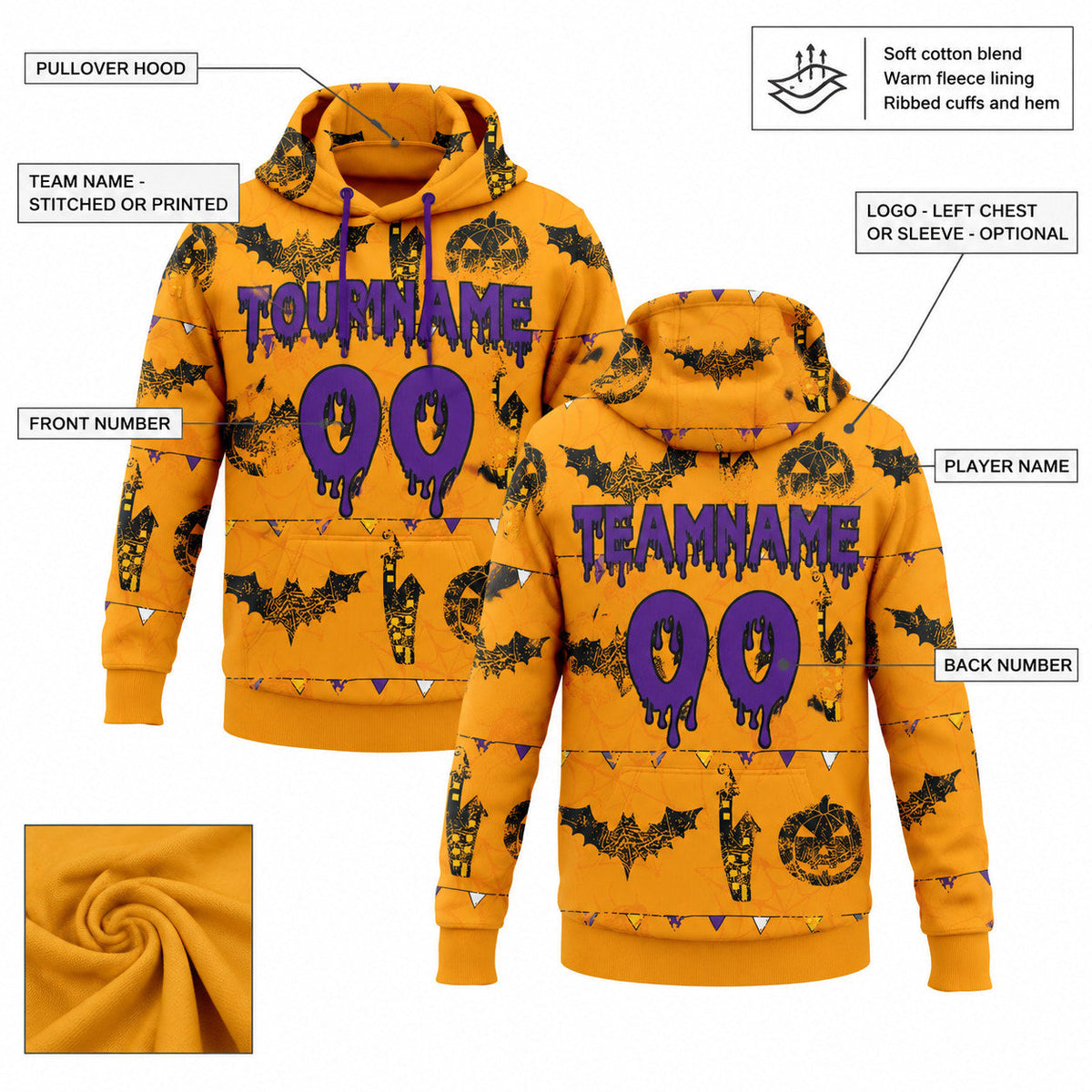 Custom Gold Halloween Pumpkin Head & Haunted Pullover Hoodie with Purple and Black Lettering customization guide