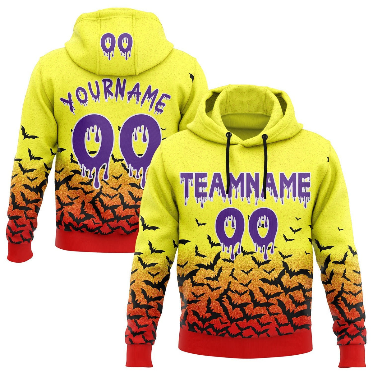 Custom  Light Yellow Purple Red Black-White Halloween Bat Gradient Pullover Sweatshirt Hoodie
