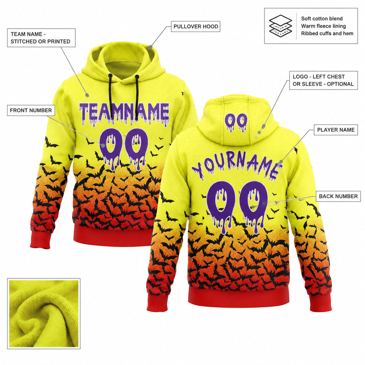 Custom Light Yellow and Purple and Red Halloween Bat Pullover Hoodie with Black and White Lettering customization guide