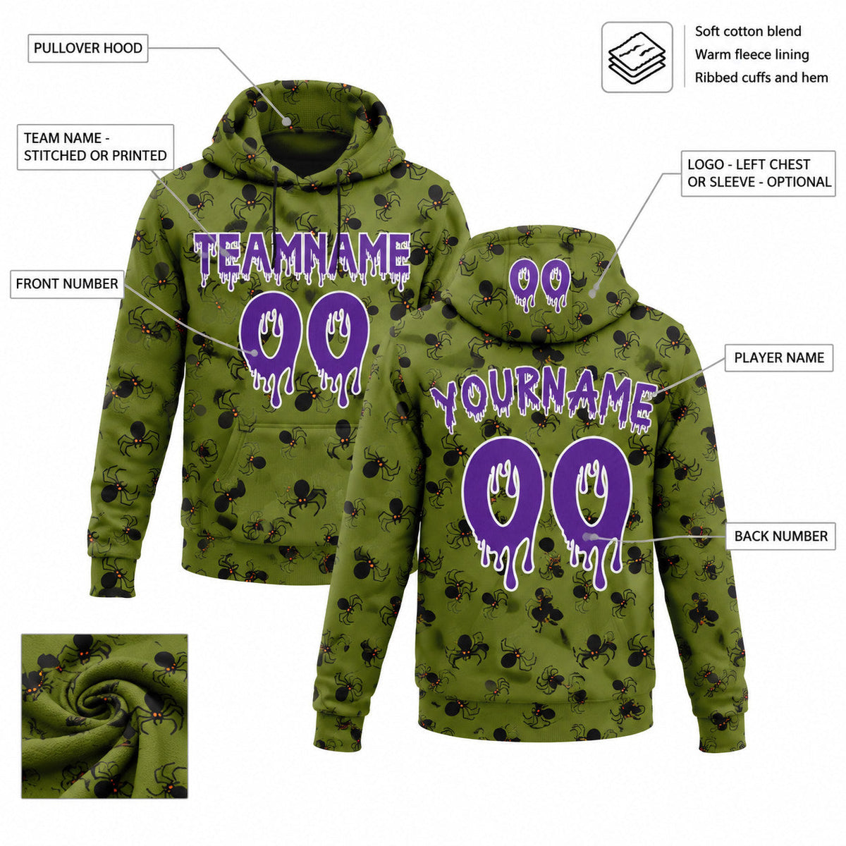 Custom Olive Halloween Spider Pullover Hoodie with Purple and White Lettering customization guide