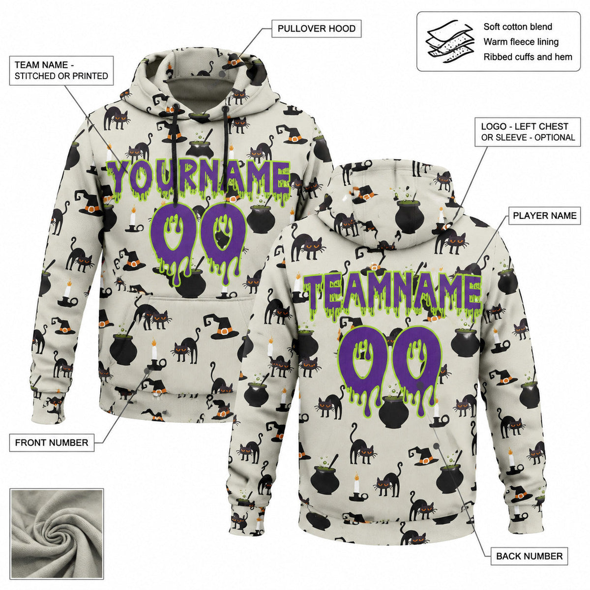 Custom Gray Halloween Witch Cat Pullover Hoodie with Purple and Neon Green Lettering customization guide
