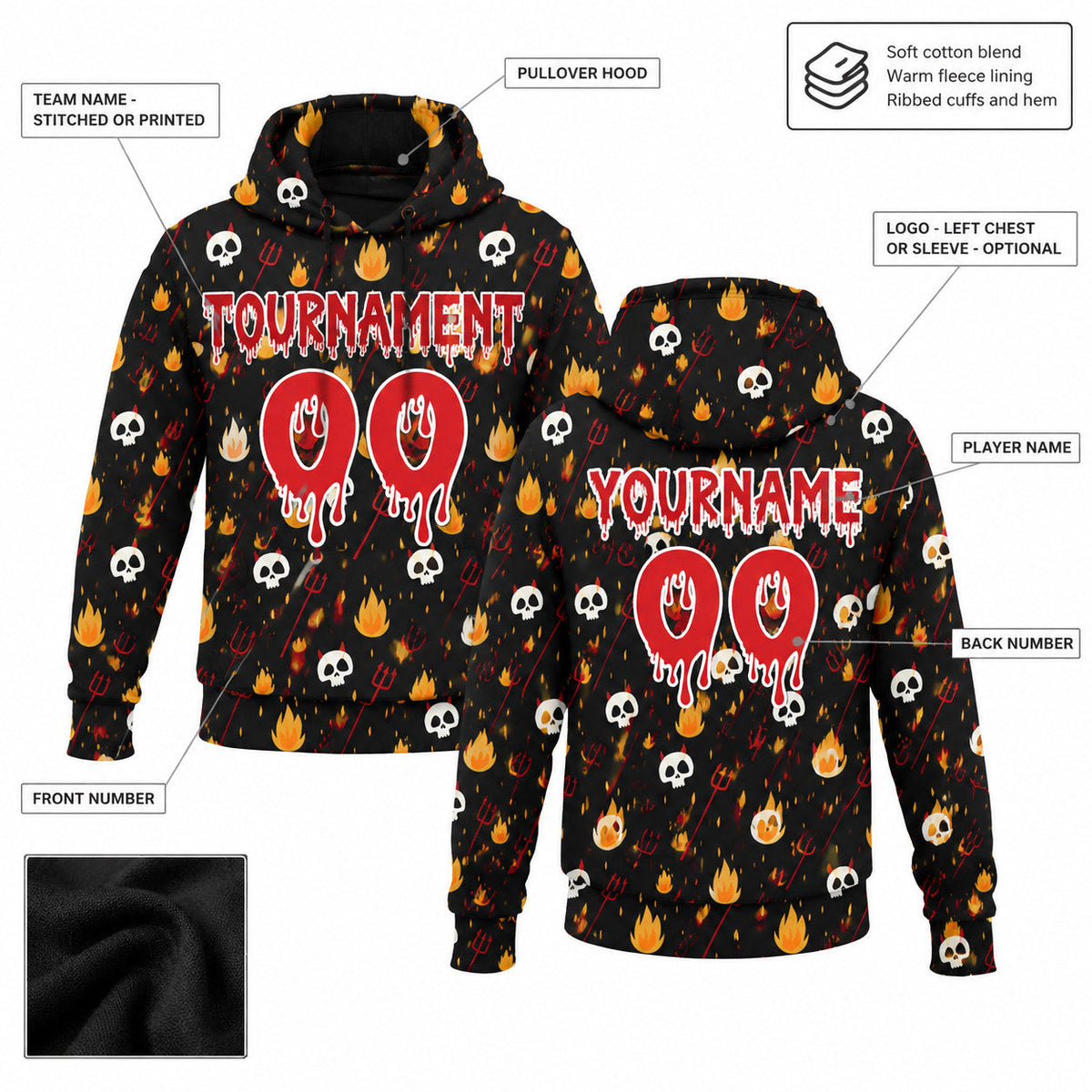Custom Black Halloween Skull Pullover Hoodie with Red and White Lettering customization guide