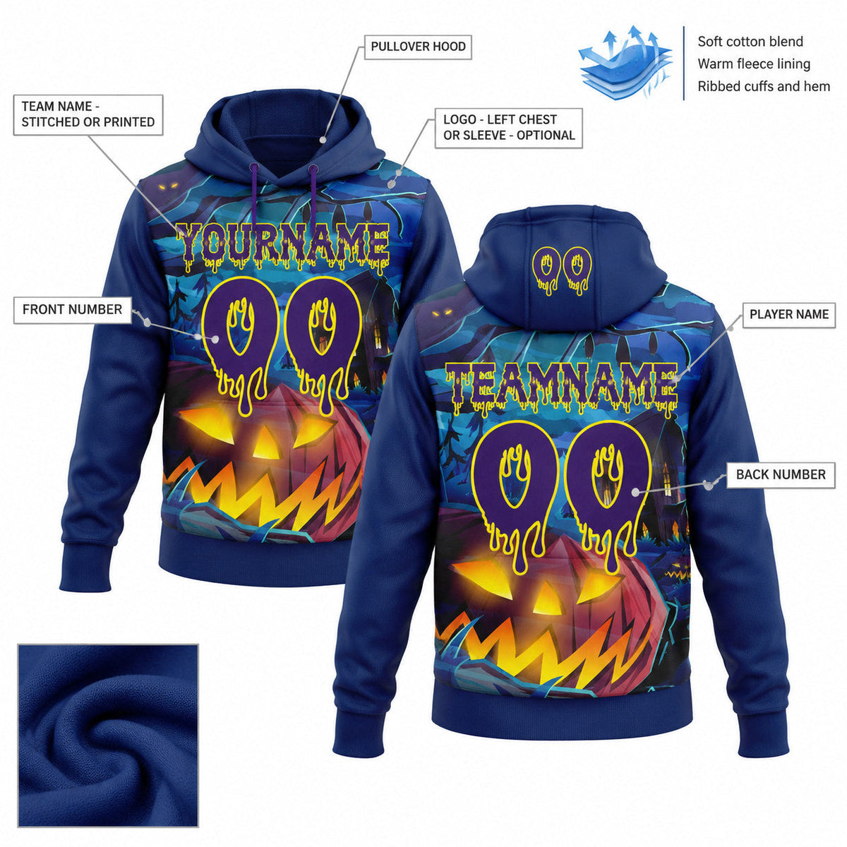 Custom Blue Halloween Pumpkin Head Pullover Hoodie with Dark Purple and Light Yellow Lettering customization guide