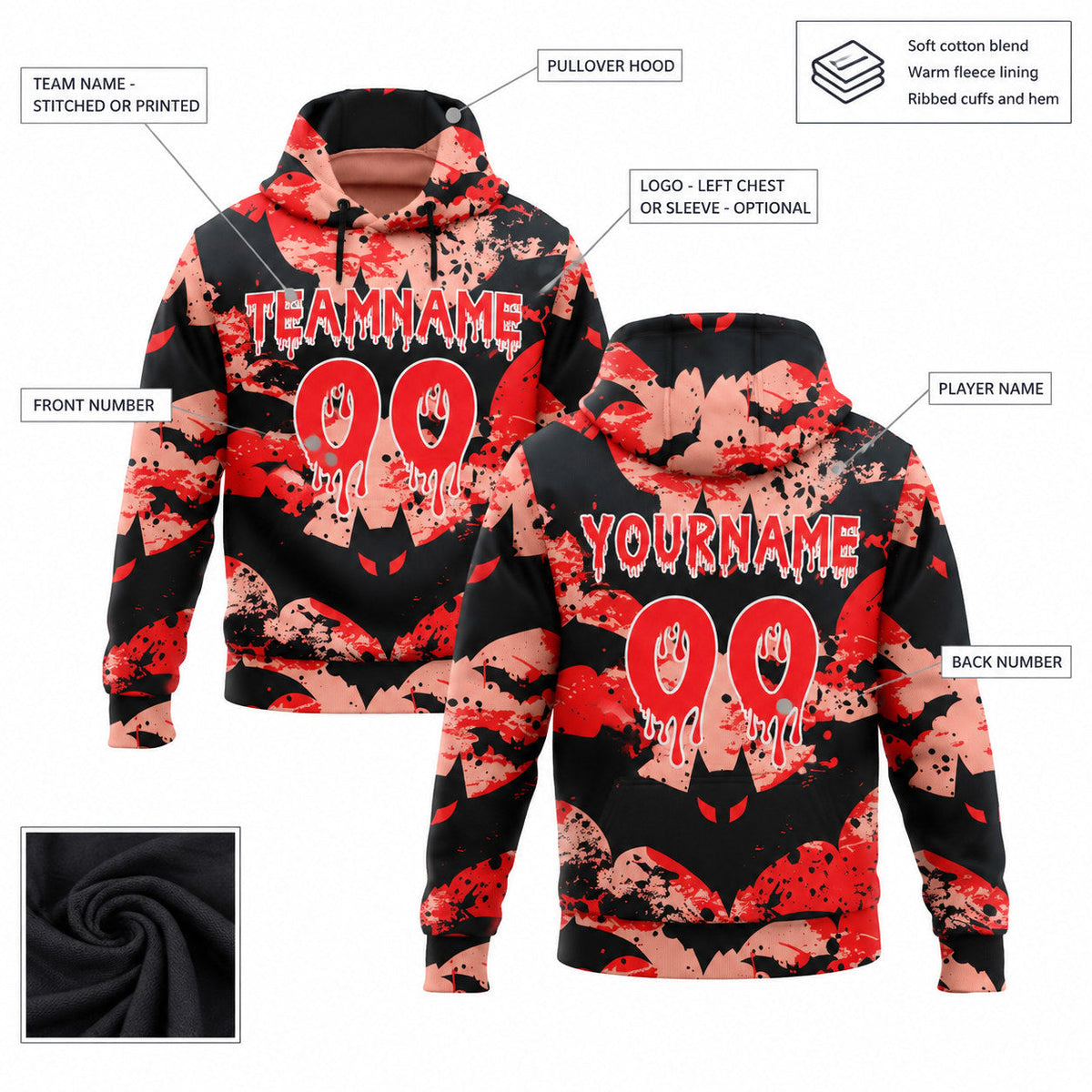 Custom Black and Fire Red Halloween Bat Pullover Hoodie with Medium Pink and White Lettering customization guide