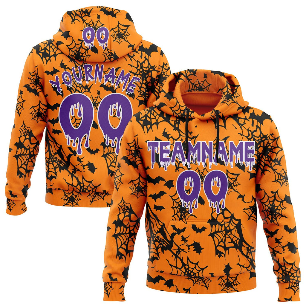 Custom  Bay Orange Purple-White Halloween Bat Net Pullover Sweatshirt Hoodie