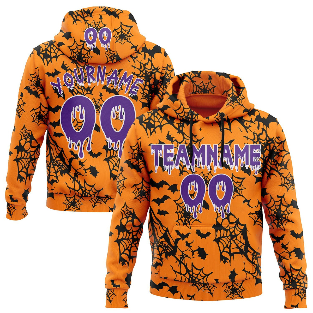 Custom  Bay Orange Purple-White Halloween Bat Net Pullover Sweatshirt Hoodie