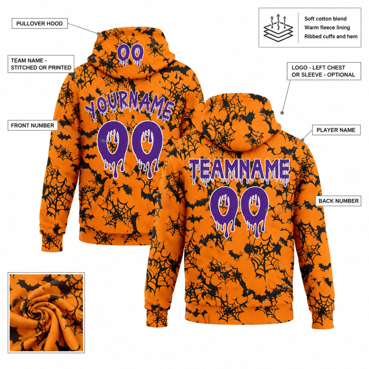 Custom Bay Orange Halloween Bat Net Pullover Hoodie with Purple and White Lettering customization guide