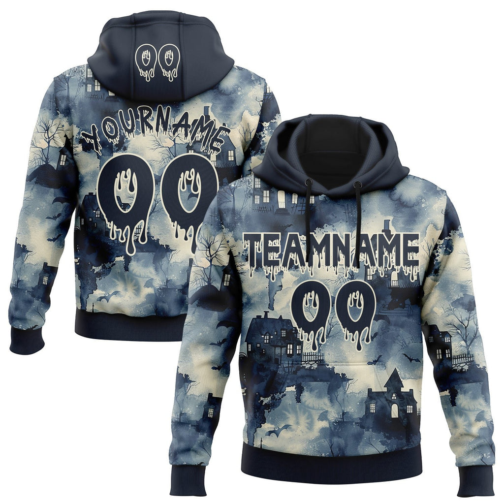 Custom  Blue Navy-Cream Halloween Spooky Haunted House Pullover Sweatshirt Hoodie