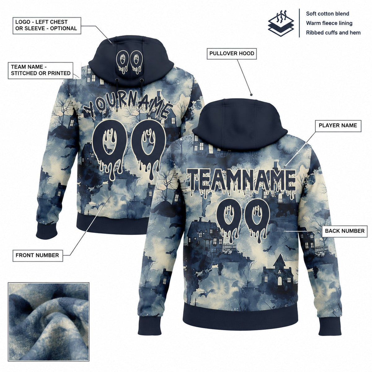 Custom Blue Halloween Spooky Haunted House Pullover Hoodie with Navy and Cream Lettering customization guide