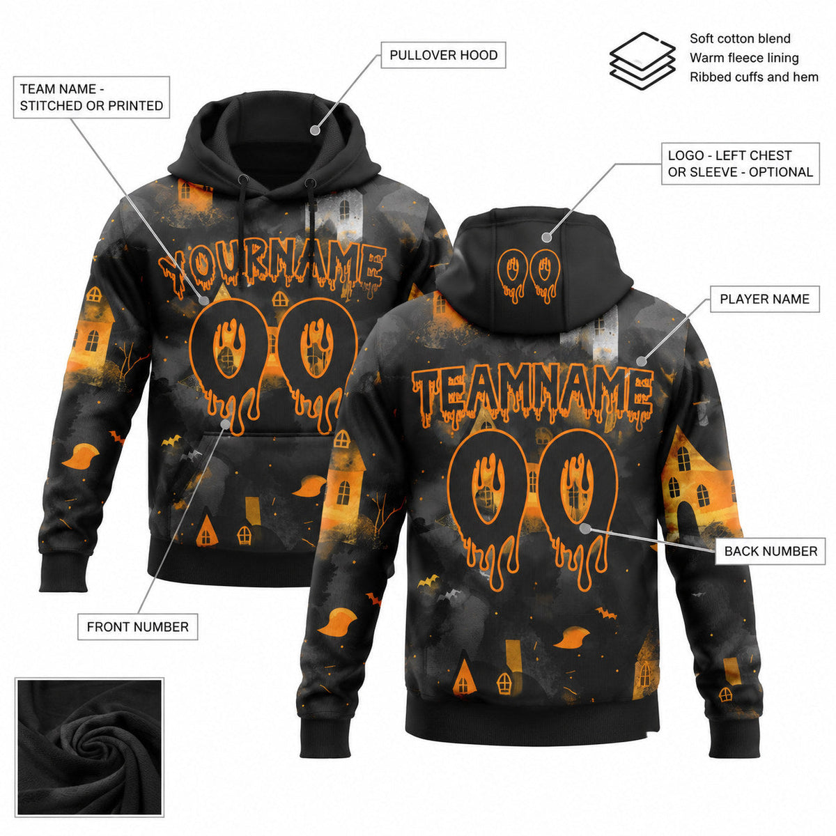 Custom Black and Bay Orange Halloween Spooky Haunted House Pullover Hoodie customization guide
