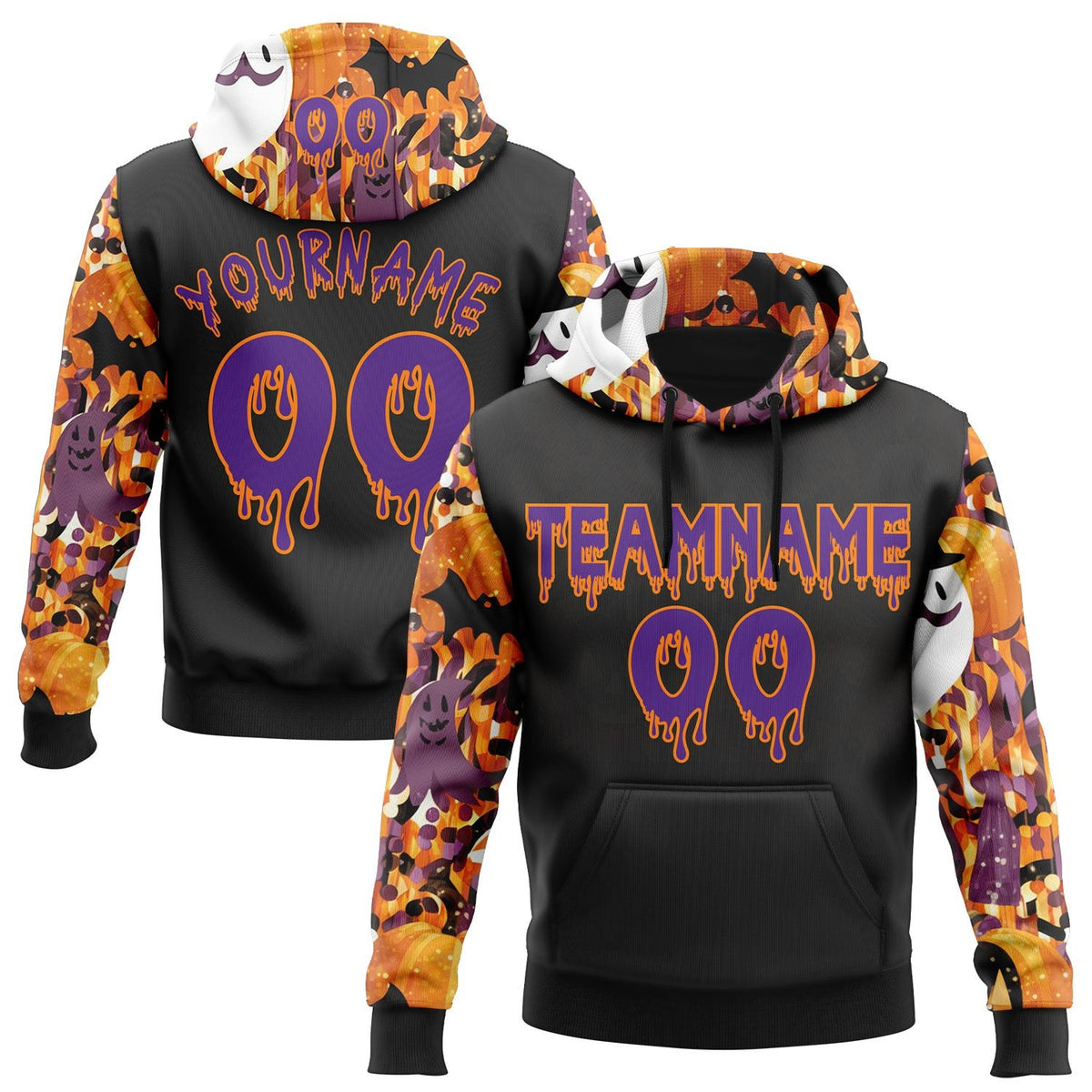 Custom  Black Purple-Bay Orange Halloween Ghost & Bat Pullover Sweatshirt Hoodie