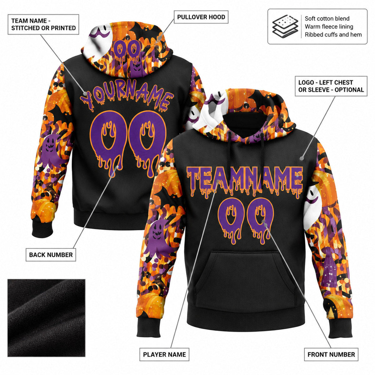 Custom Black Halloween Ghost & Bat Pullover Hoodie with Purple and Bay Orange Lettering customization guide