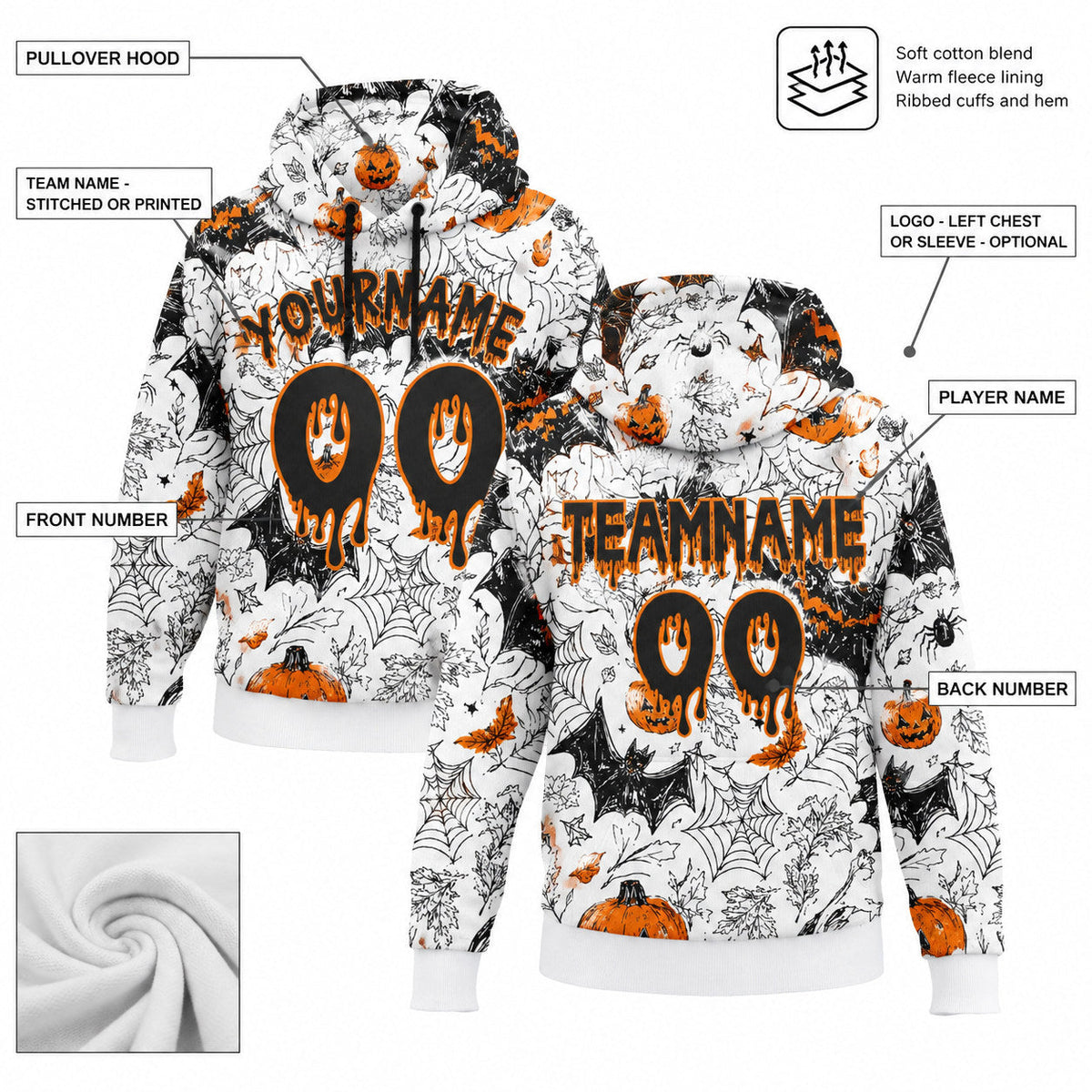 Custom White Halloween Pumpkin Head & Bat Pullover Hoodie with Black and Bay Orange Lettering customization guide