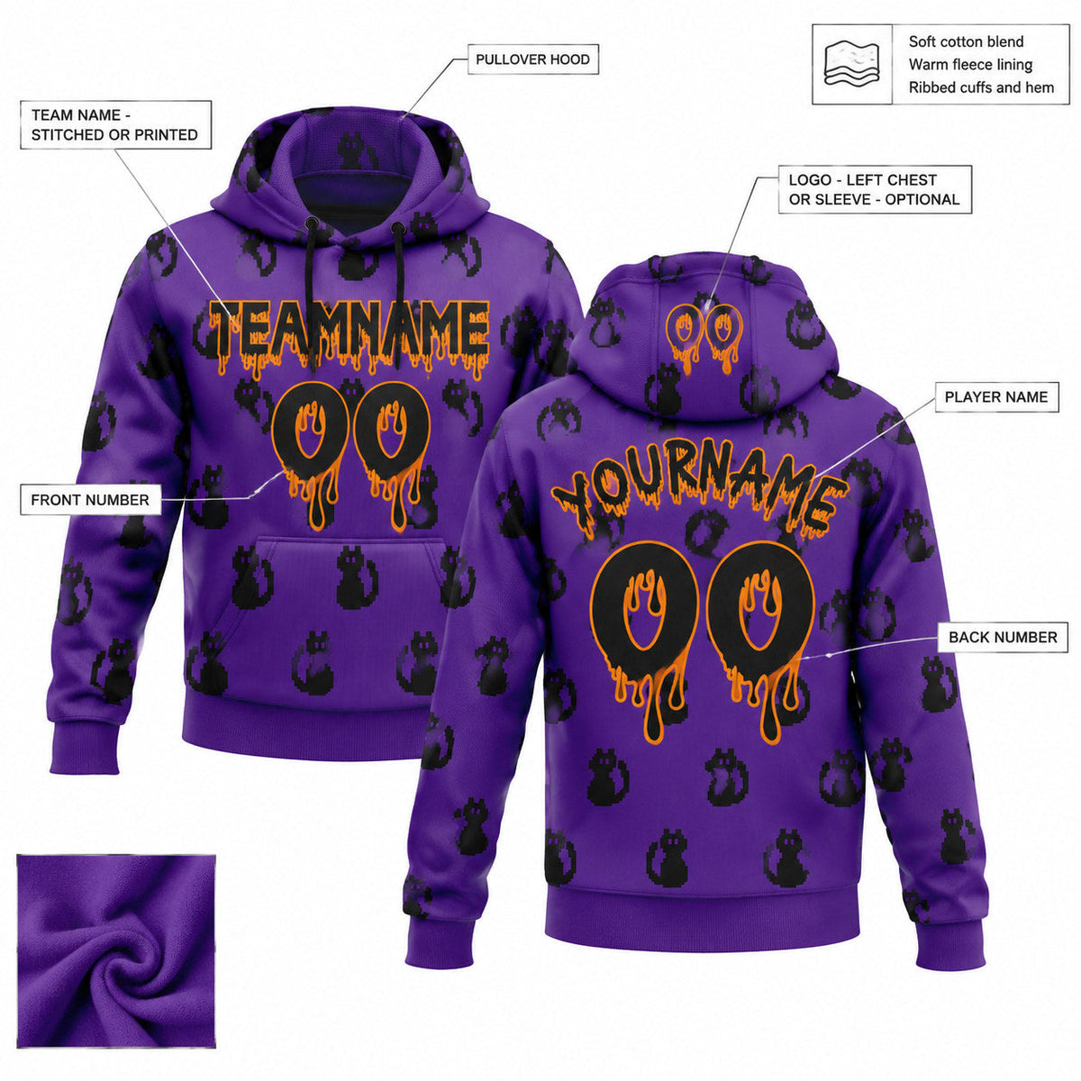 Custom Purple Halloween Black Cat Pullover Hoodie with Black and Bay Orange Lettering customization guide