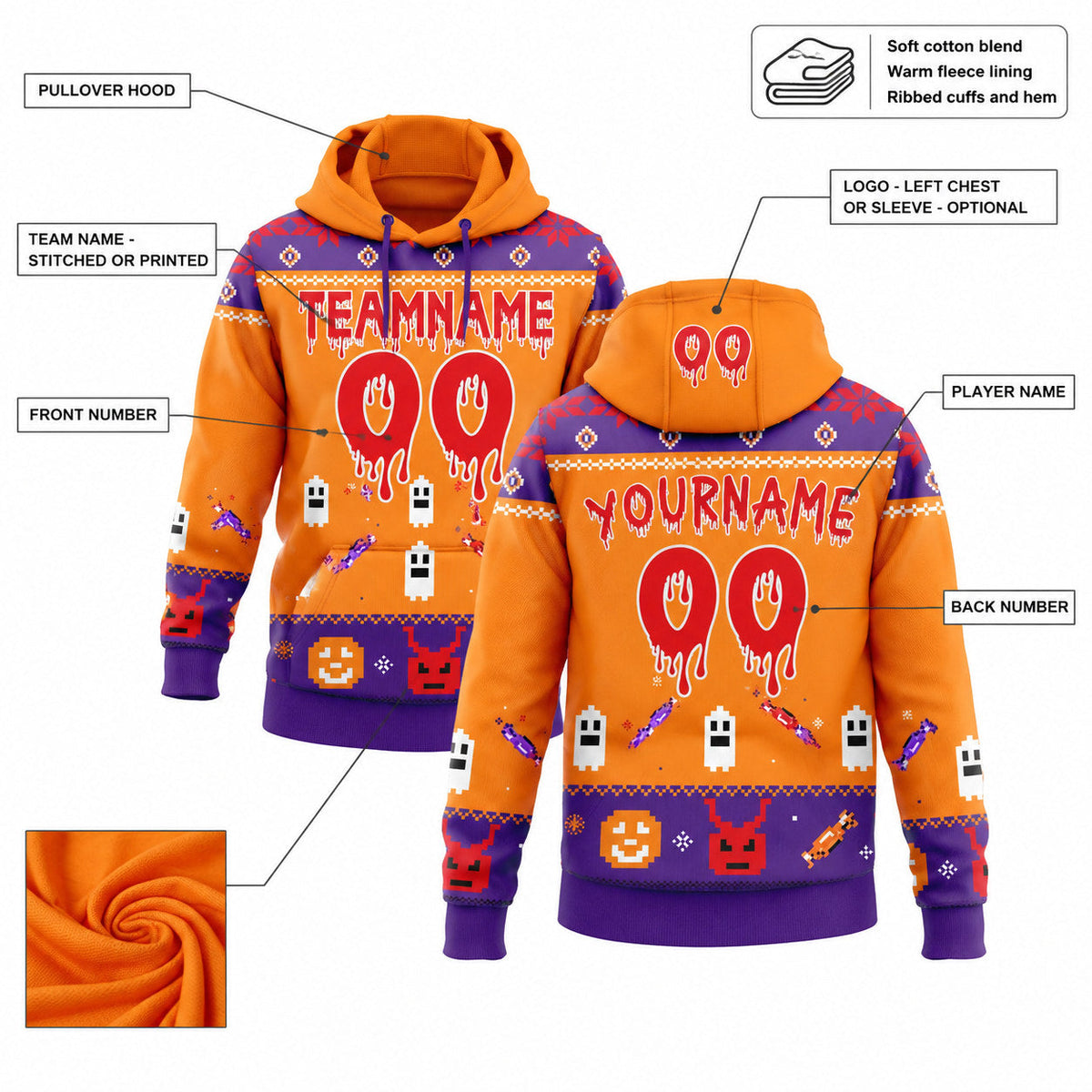 Custom Bay Orange and Fire Red Halloween Digital Pullover Hoodie with Purple and White Lettering customization guide
