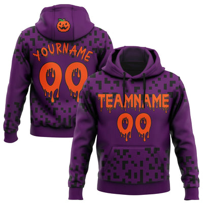 Custom Purple Halloween Abstract Pixel Bat Pullover Hoodie with Orange and Black Lettering