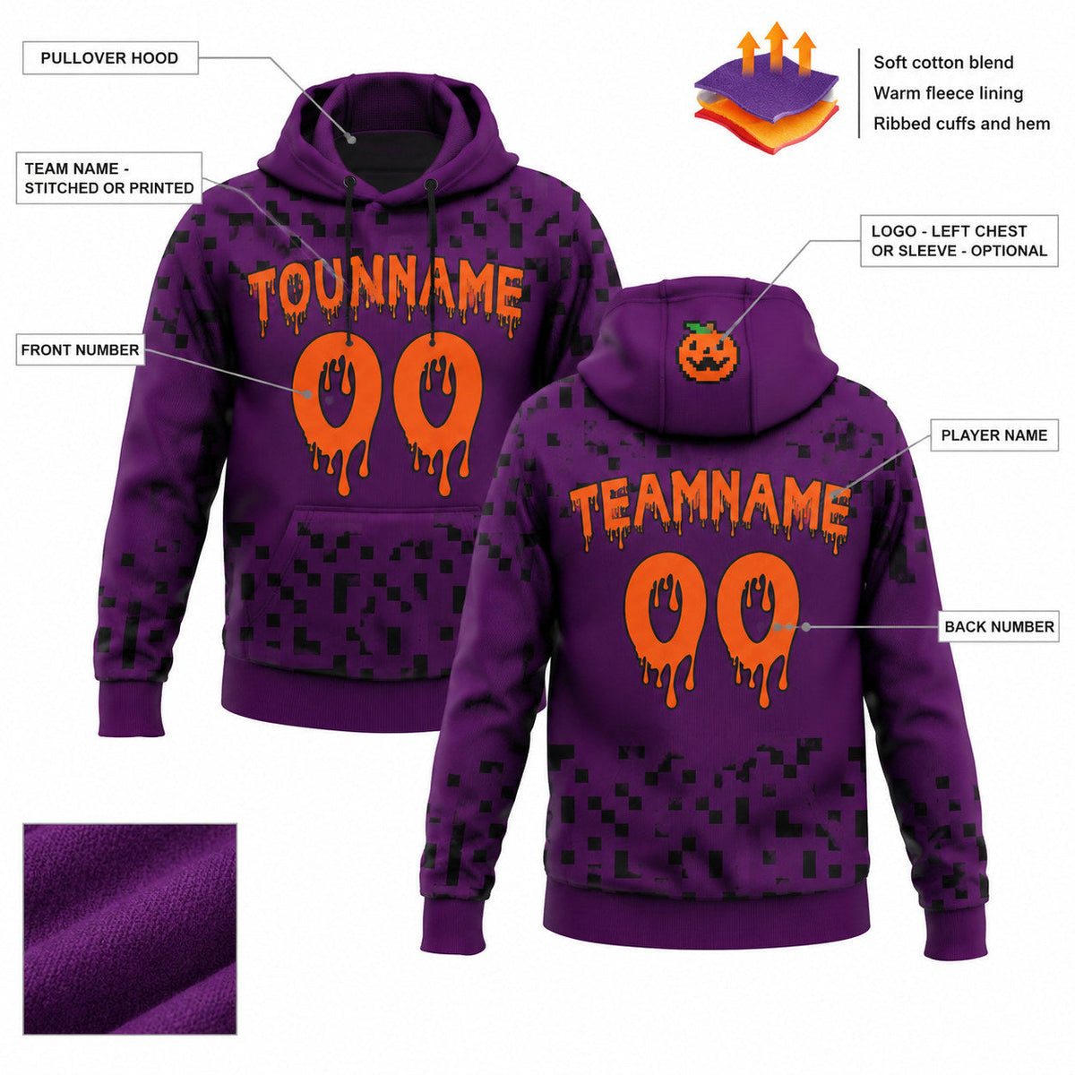 Custom Purple Halloween Abstract Pixel Bat Pullover Hoodie with Orange and Black Lettering customization guide