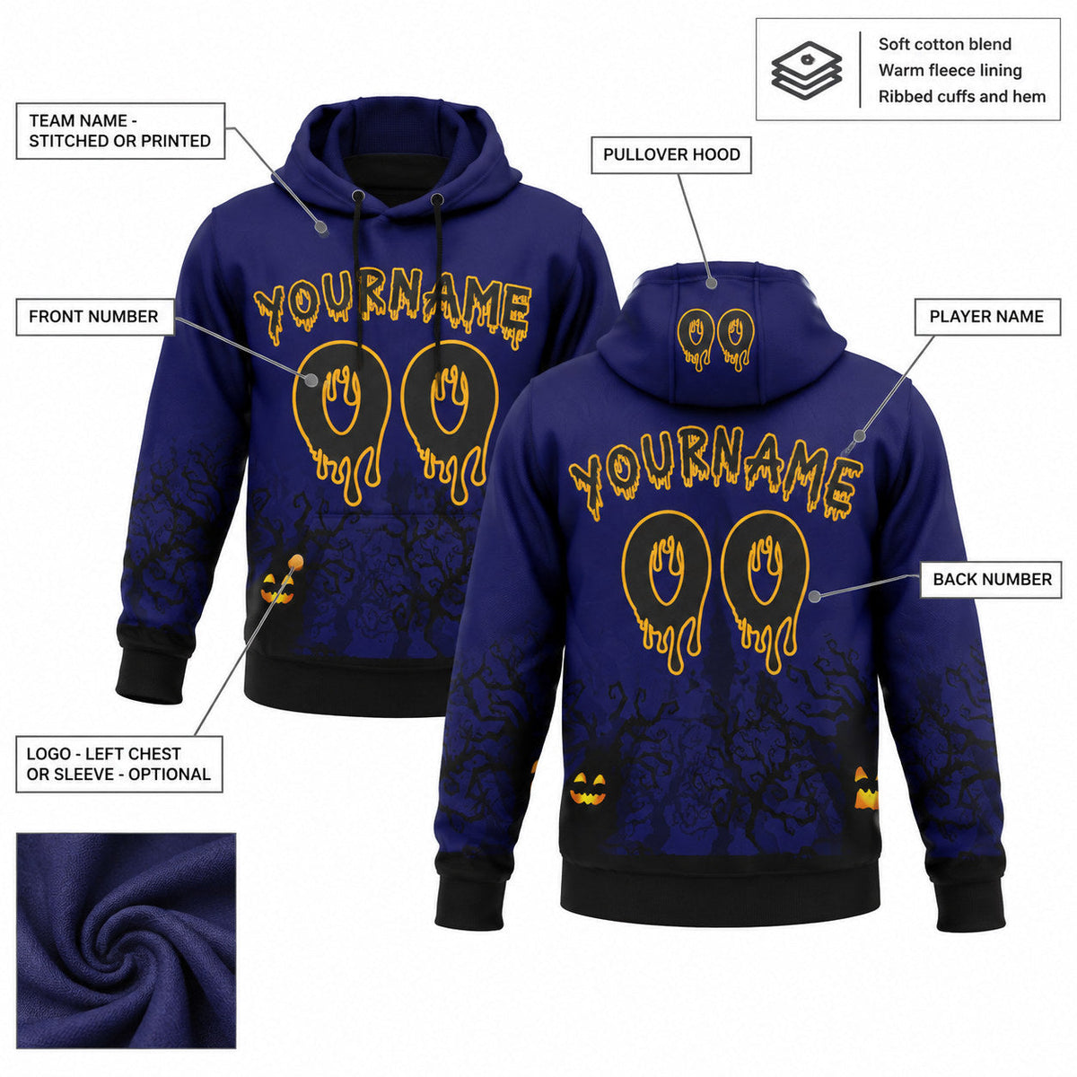 Custom Blue Halloween Haunted Forest Pullover Hoodie with Black and Gold Lettering customization guide
