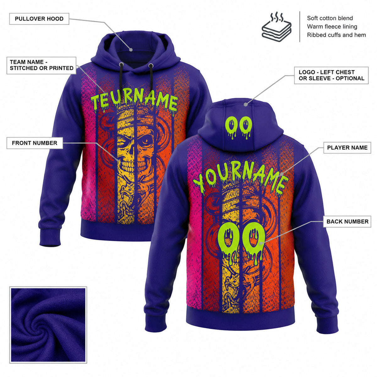 Custom Dark Purple Halloween Skull Pullover Hoodie with Neon Green Lettering customization guide