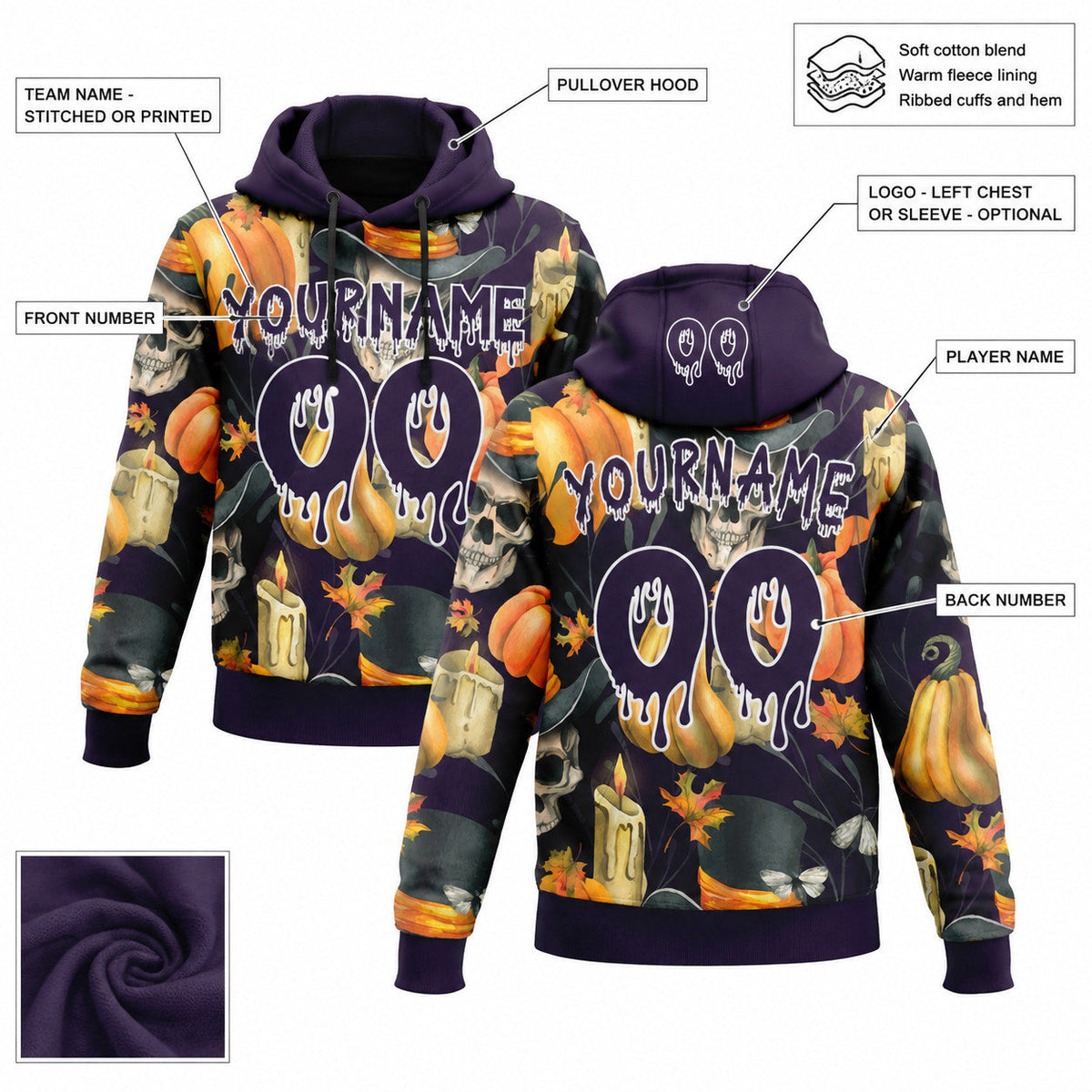 Custom Black Halloween Pumpkin Head Pullover Hoodie with Purple and White Lettering customization guide