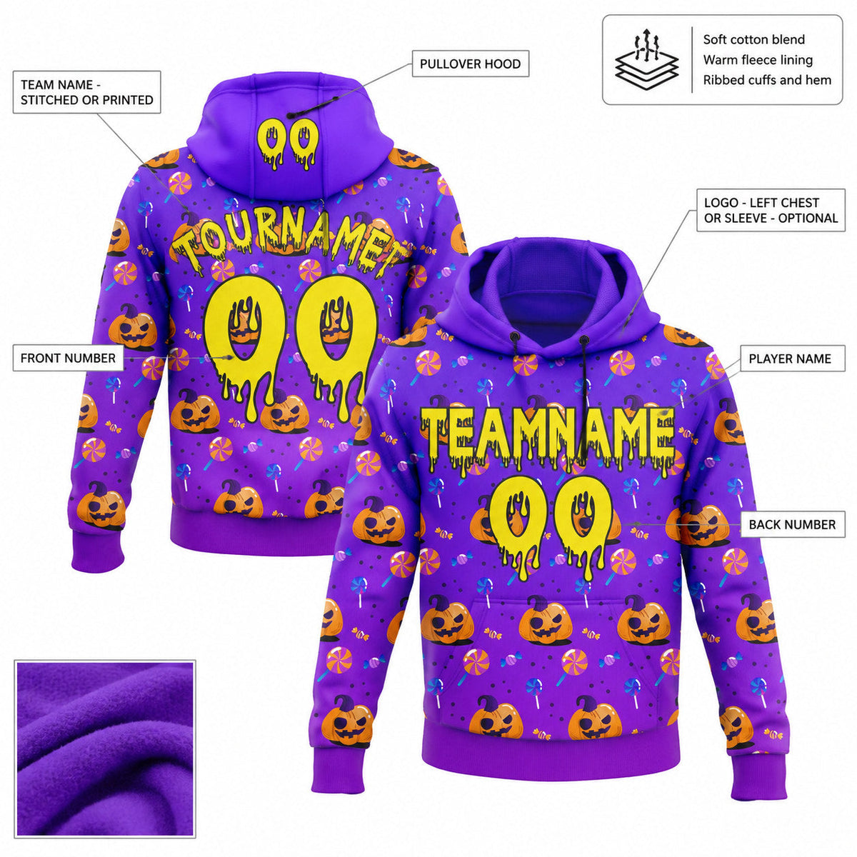 Custom Purple Halloween Spooky Pumpkin Head Pullover Hoodie with Light Yellow and Black Lettering customization guide