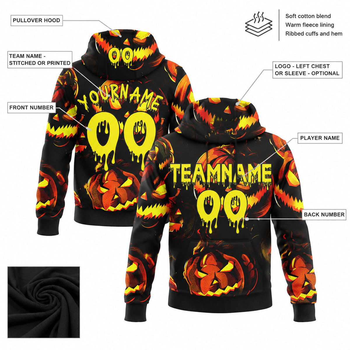 Custom Black and Light Yellow Halloween Pumpkin Head Pullover Hoodie customization guide