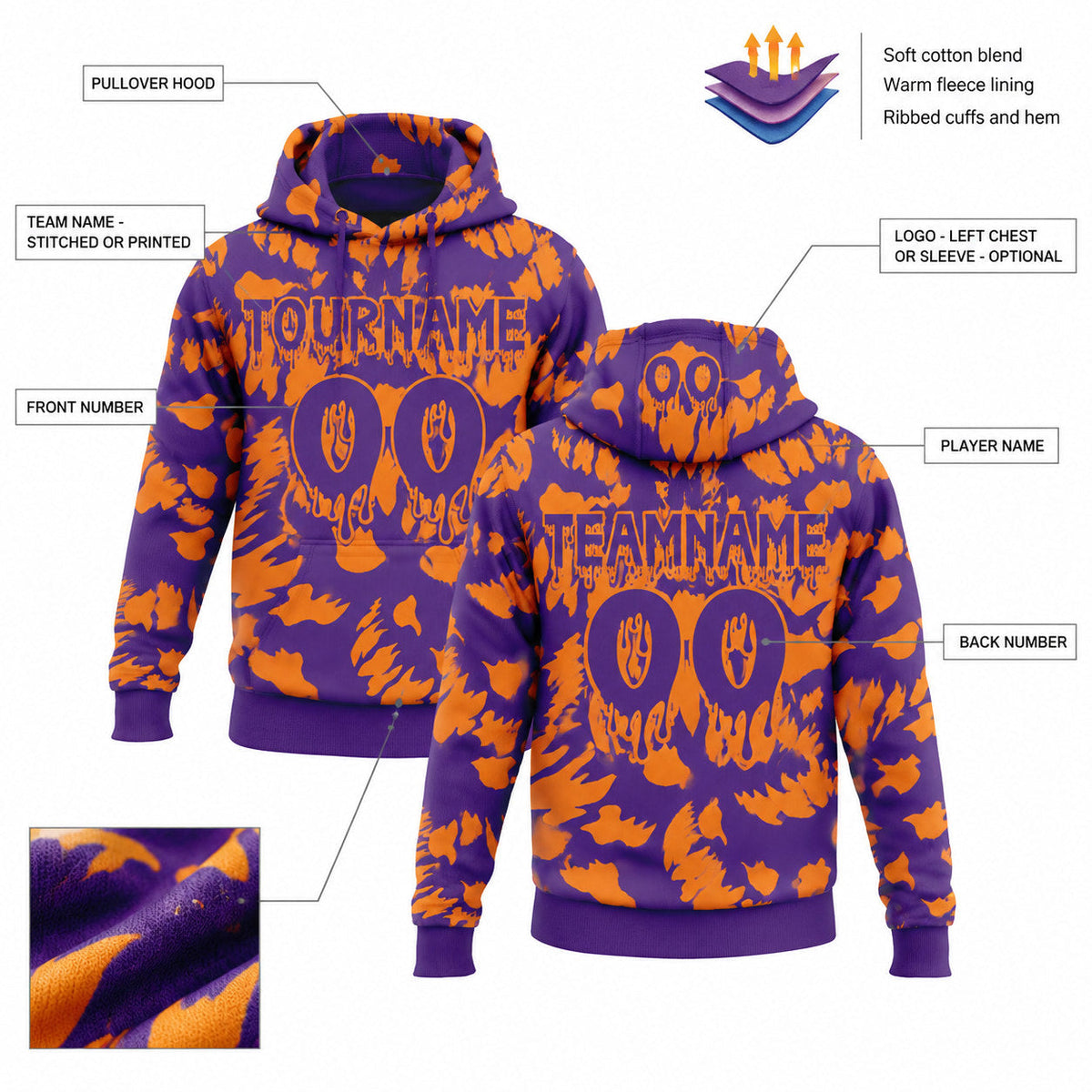 Custom Purple and Bay Orange Halloween Spooky Pullover Hoodie customization guide
