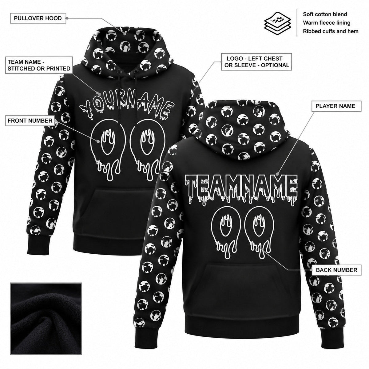 Custom Black and White Halloween Funny Face Pullover Hoodie customization guide