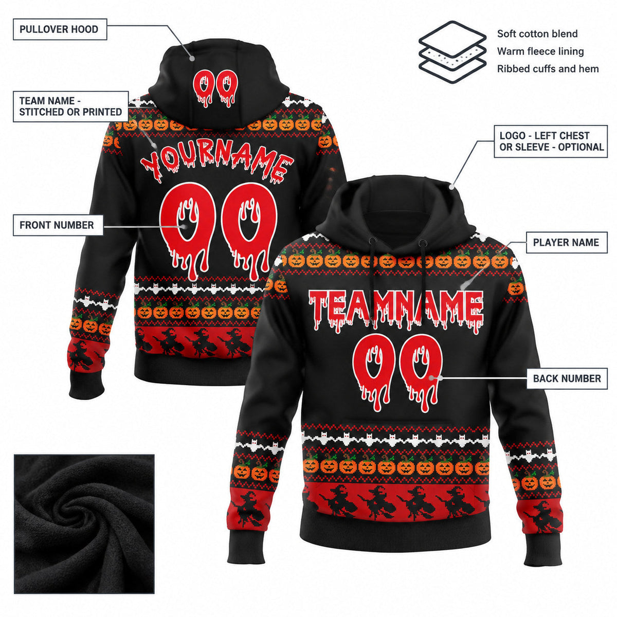 Custom Black and Fire Red Halloween Pumpkin Head Pullover Hoodie with Orange and White Lettering customization guide