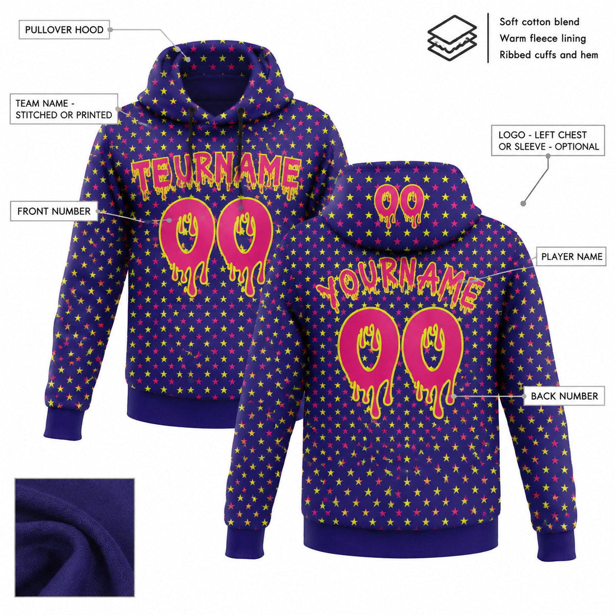 Custom Dark Purple Halloween Star Pullover Hoodie with Hot Pink and Neon Yellow Lettering customization guide