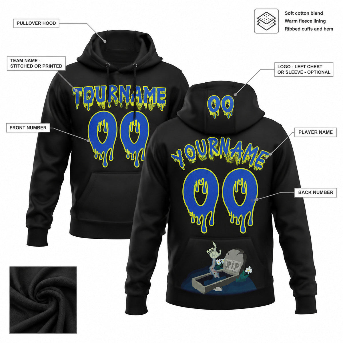 Custom Black Halloween Grave Pullover Hoodie with Thunder Blue and Neon Yellow Lettering customization guide