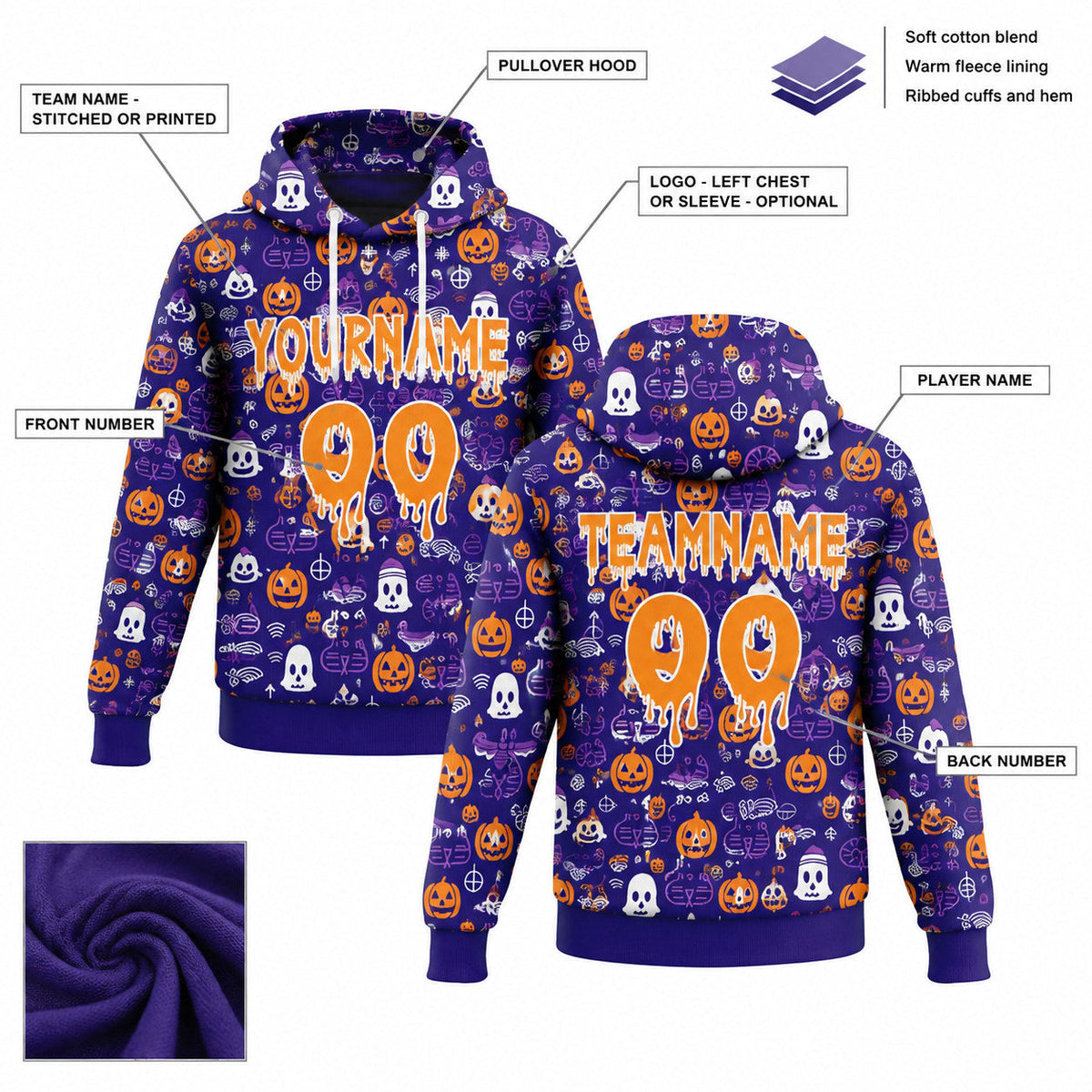 Custom Dark Purple Halloween Pumpkin Head Pullover Hoodie with Bay Orange and White Lettering customization guide